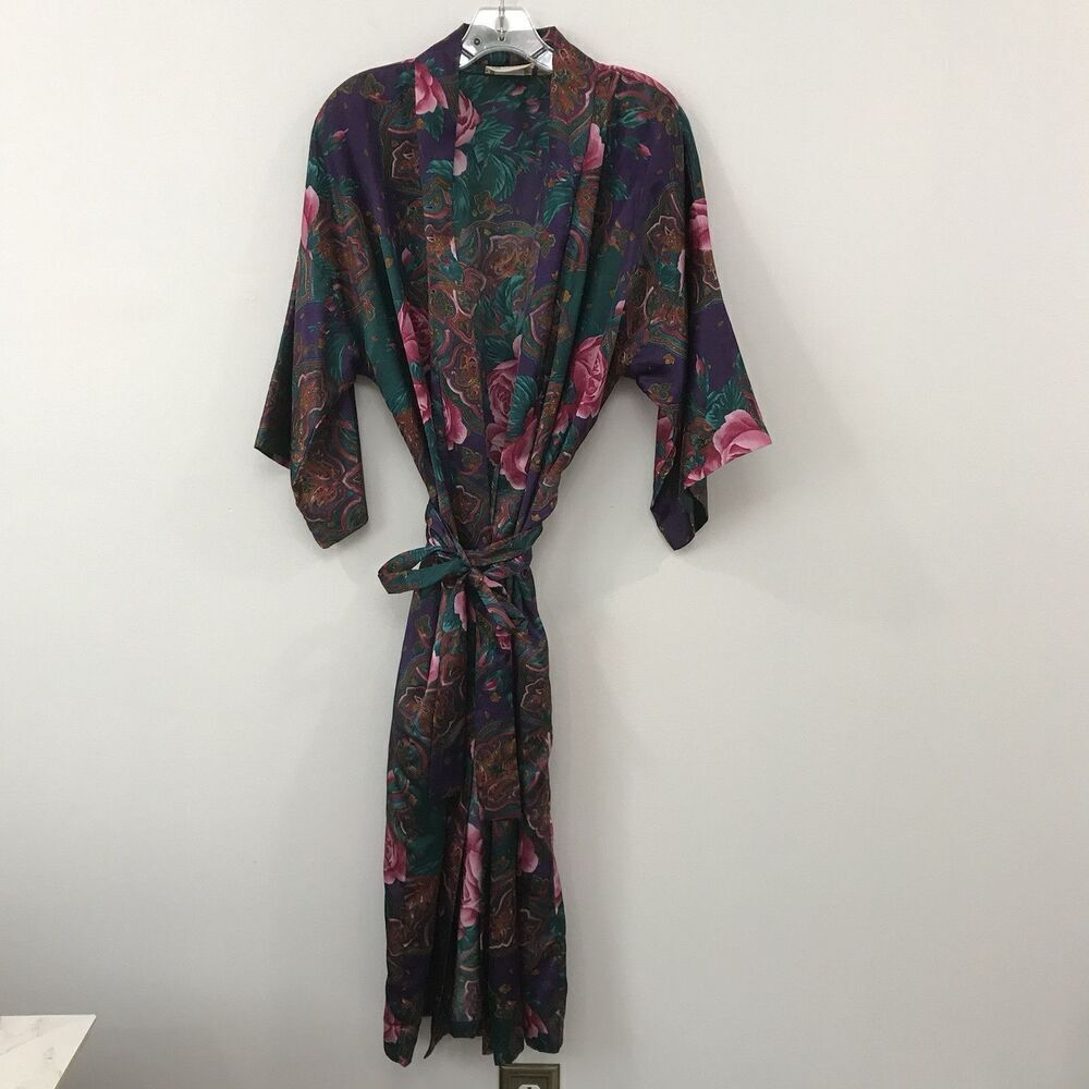 Vtg California Dynasty Silky Pretty Purple Floral Robe Satin Silky Made USA Sz M